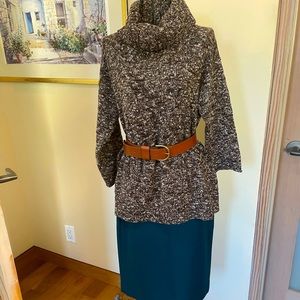 Lovely cowl neck brown and white tweed sweater